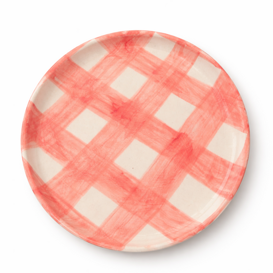Farmhouse Check Plate Pink Set of 4 | Hand-Painted Artisan Tableware | Table Bella