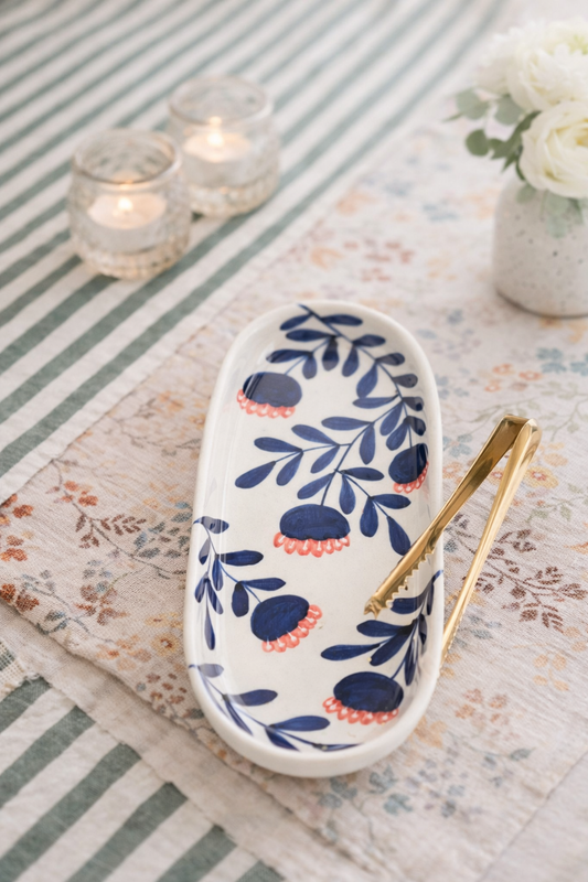 Blue Oval Plate Set of 2 | Hand-Painted Ceramic Serving Plate | Coastal Tableware