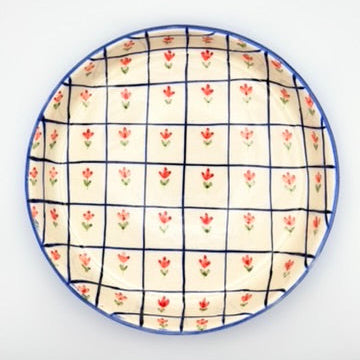 Blooming Grid Plate Set of 2 | Hand-Painted Geometric Floral Plate | Artisan Tableware