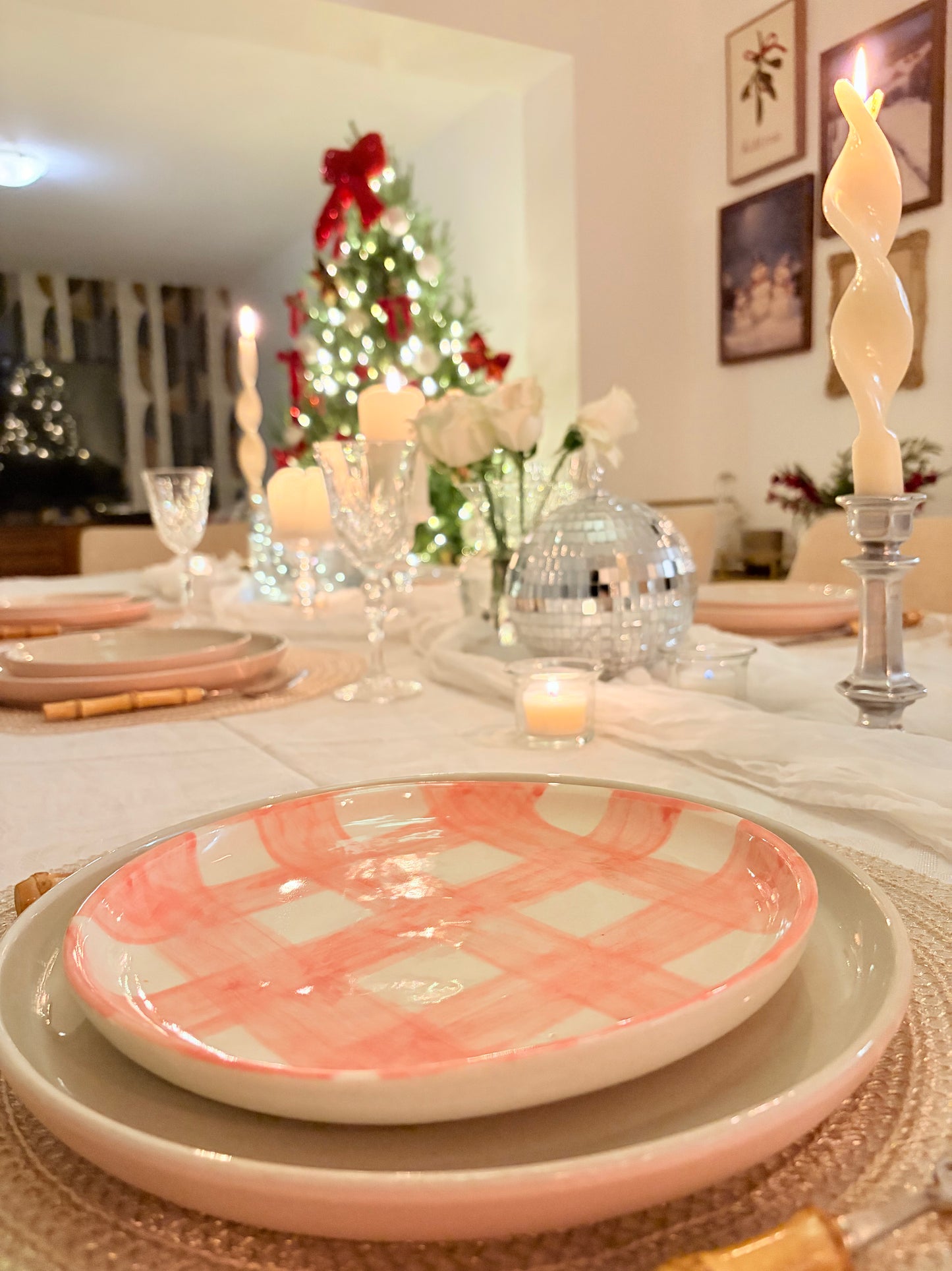 Farmhouse Check Plate Pink Set of 4 | Hand-Painted Artisan Tableware | Table Bella