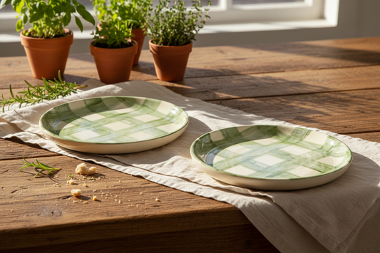 Farmhouse Check Plate Green Set Of 4 | Hand-Painted Artisan Tableware | Table Bella