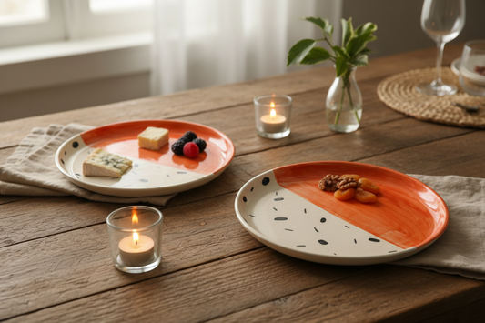 Orange Split Plate Set Of 4 | Divided Ceramic Plate | Modern Serving Plate