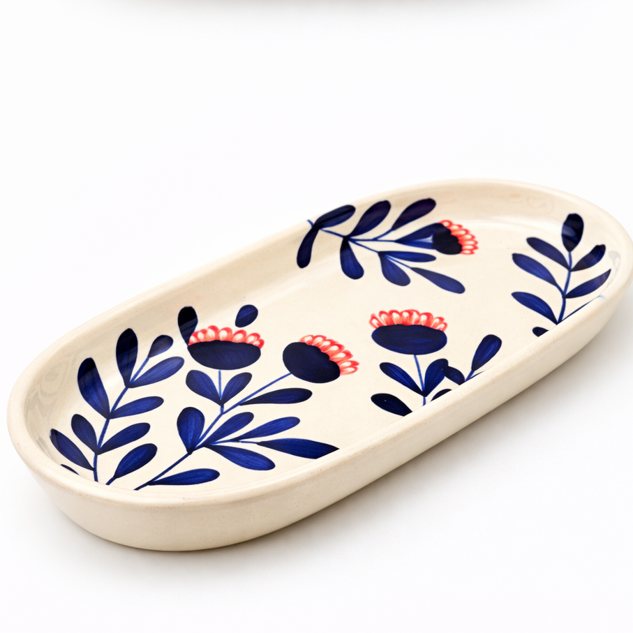 Blue Oval Plate Set of 2 | Hand-Painted Ceramic Serving Plate | Coastal Tableware