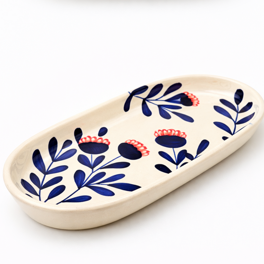 Blue Oval Plate Set of 2 | Hand-Painted Ceramic Serving Plate | Coastal Tableware