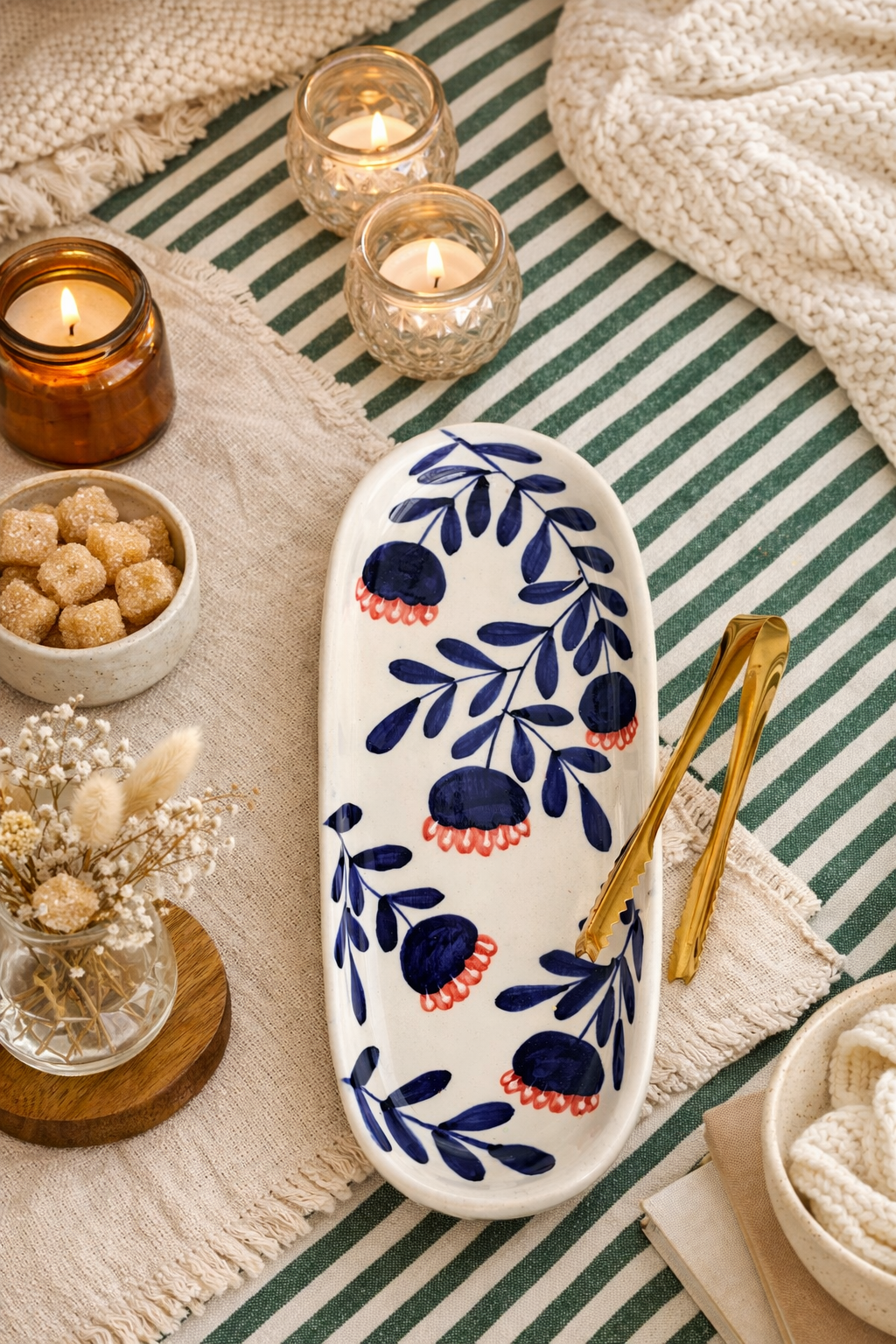 Blue Oval Plate Set of 2 | Hand-Painted Ceramic Serving Plate | Coastal Tableware