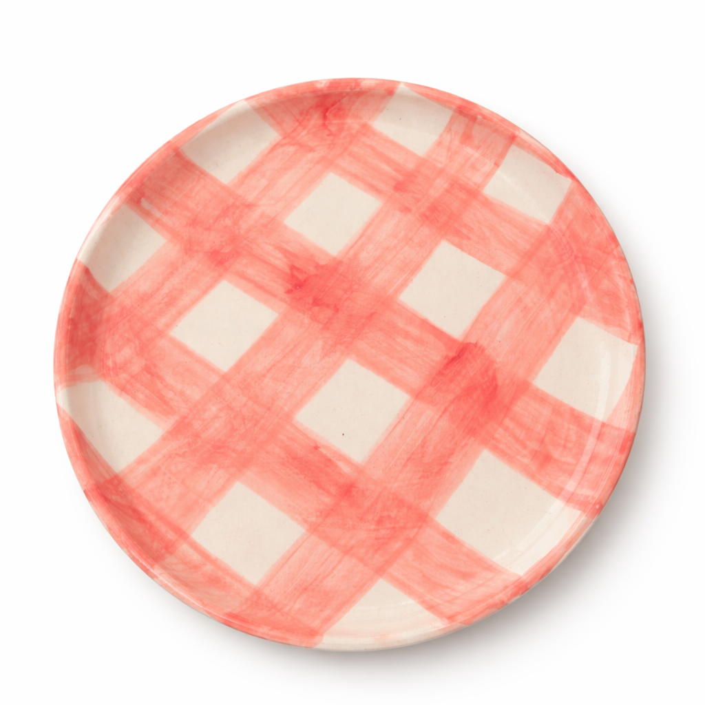 Farmhouse Check Plate Pink Set of 4 | Hand-Painted Artisan Tableware | Table Bella
