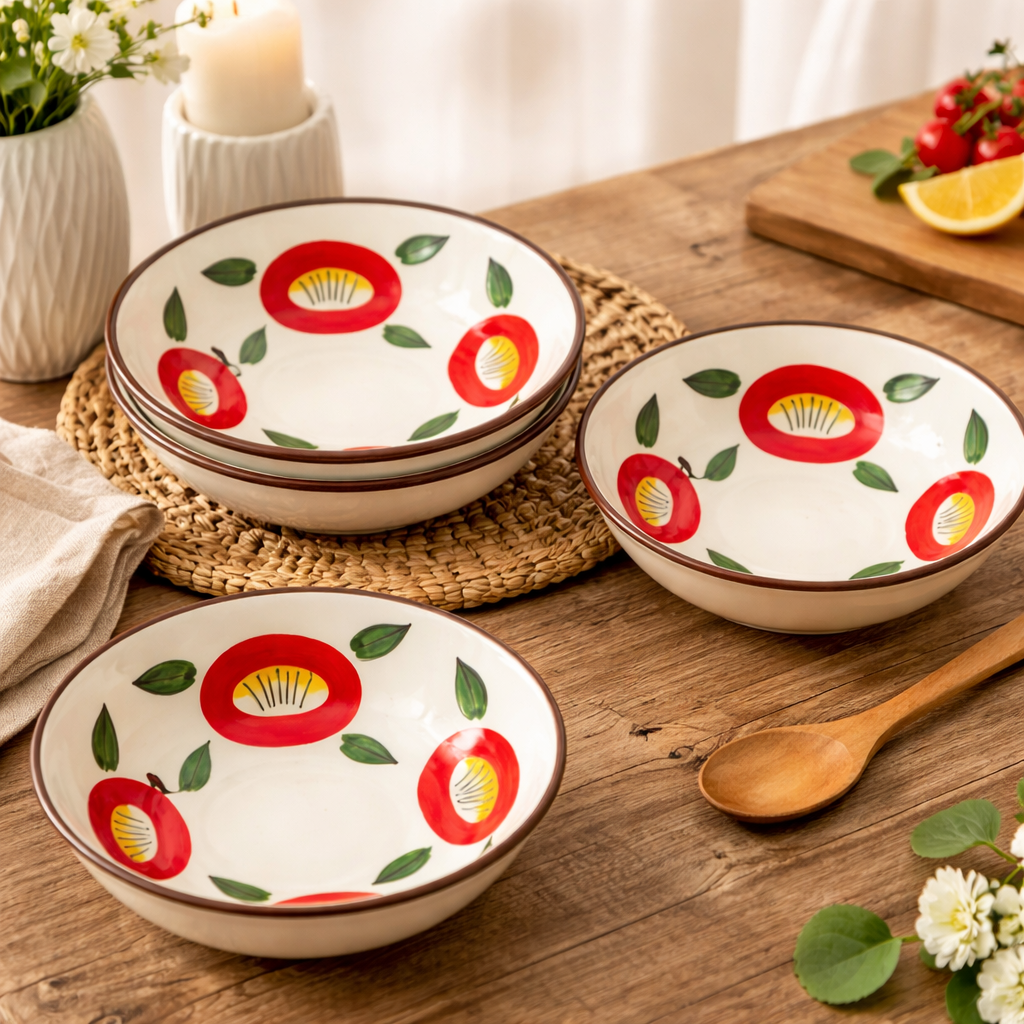 Red Camellia Bowl Set Of 4| Hand-Painted Korean-Inspired Ceramic Bowl