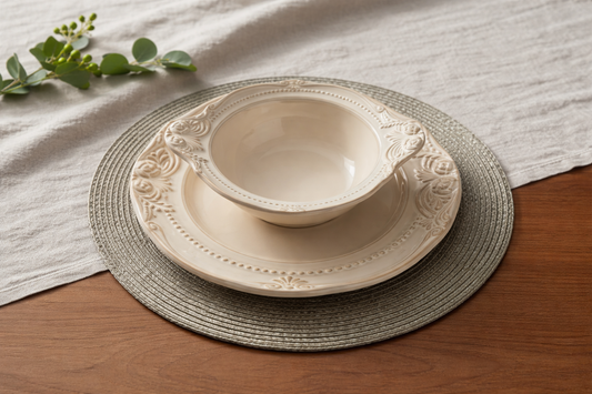Louna Ivory Ceramic Plate & Bowl Set of 2 – French-Inspired | Table Bella