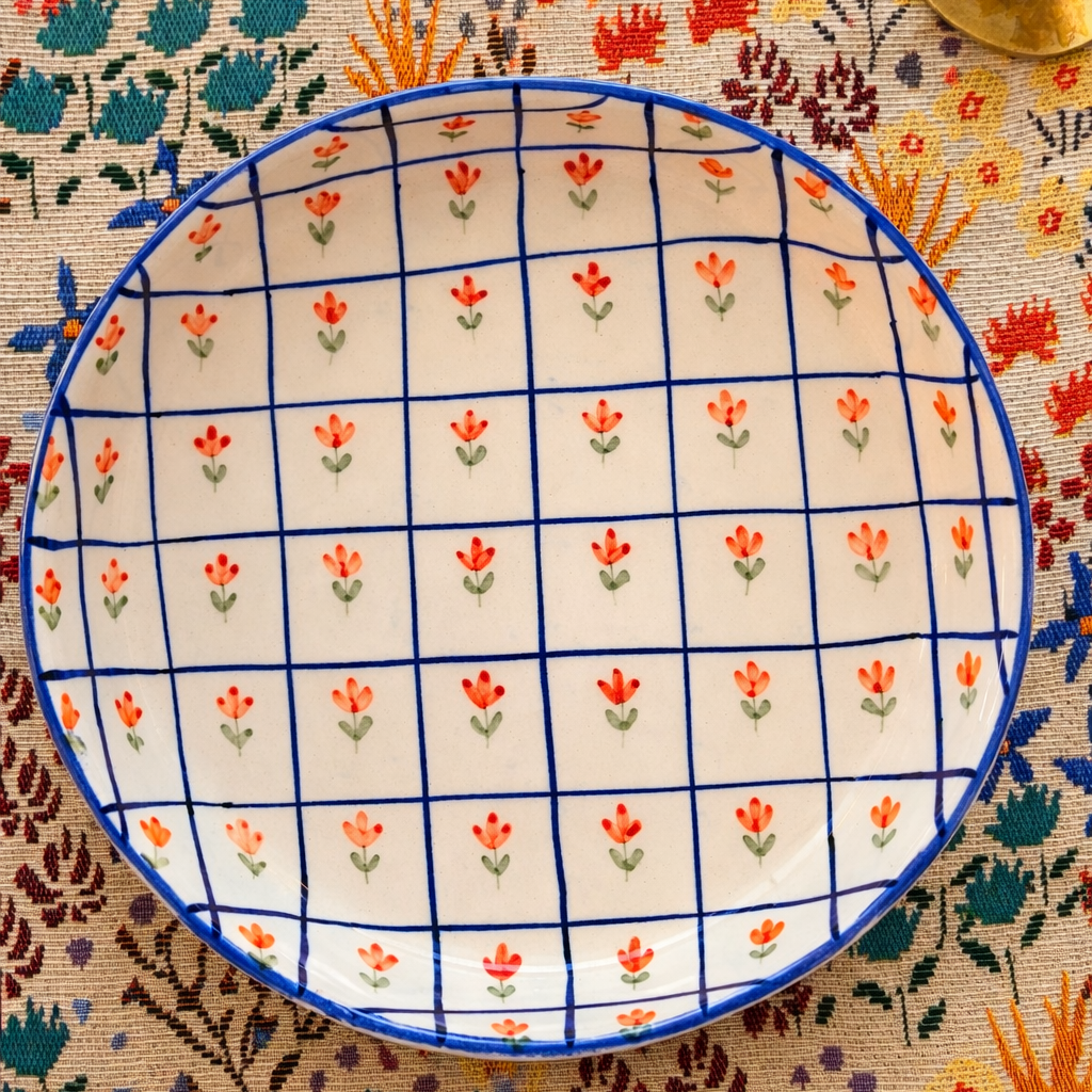 Blooming Grid Plate Set of 2 | Hand-Painted Geometric Floral Plate | Artisan Tableware