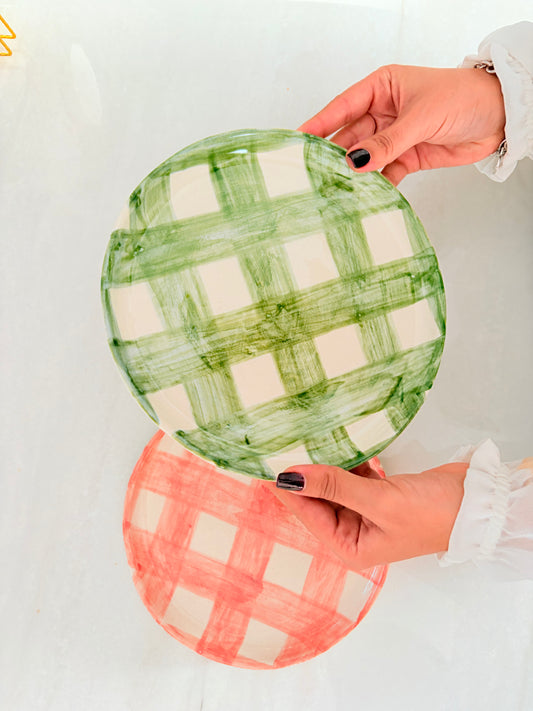 Farmhouse Check Plate Green Set Of 4 | Hand-Painted Artisan Tableware | Table Bella