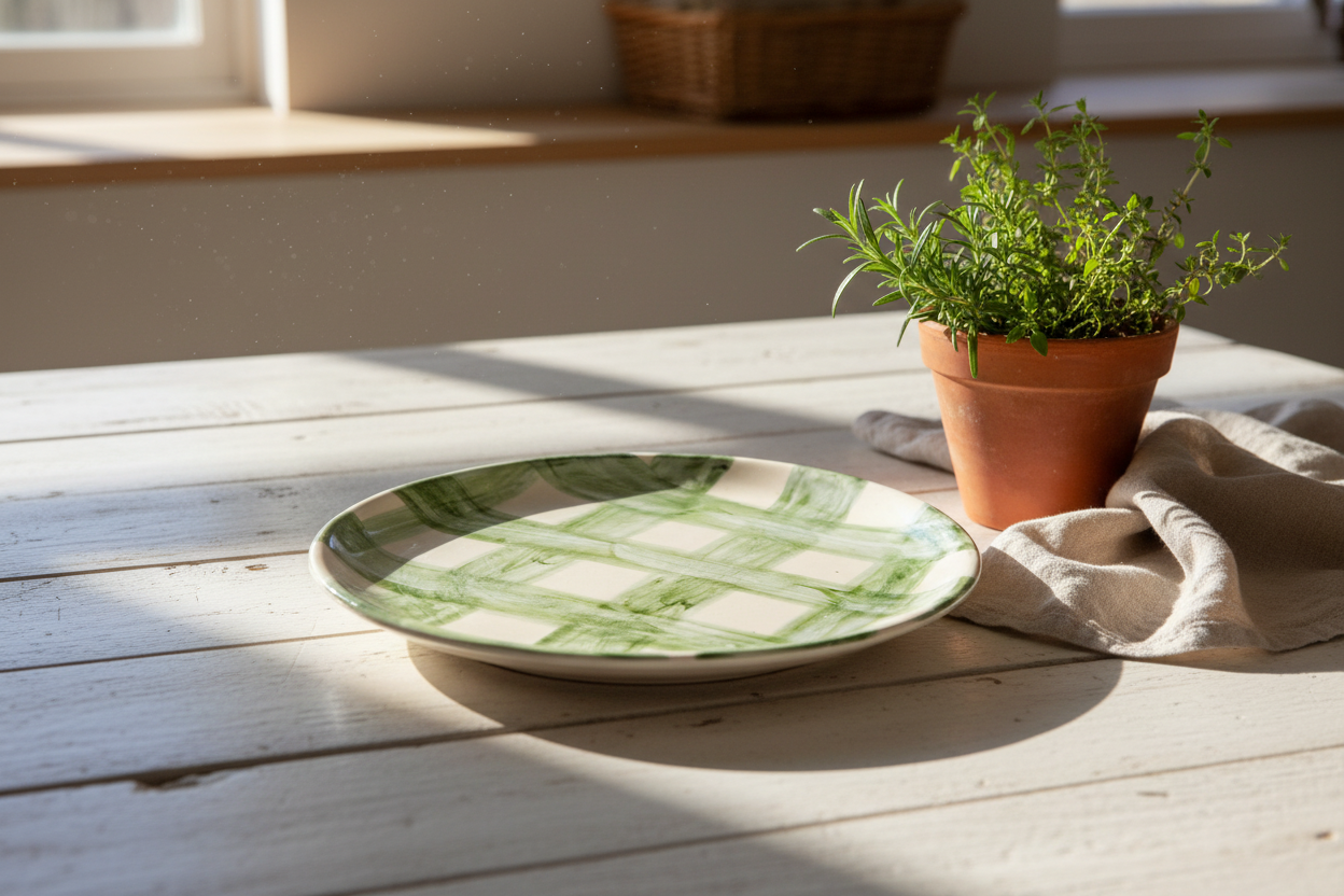 Farmhouse Check Plate Green Set Of 4 | Hand-Painted Artisan Tableware | Table Bella
