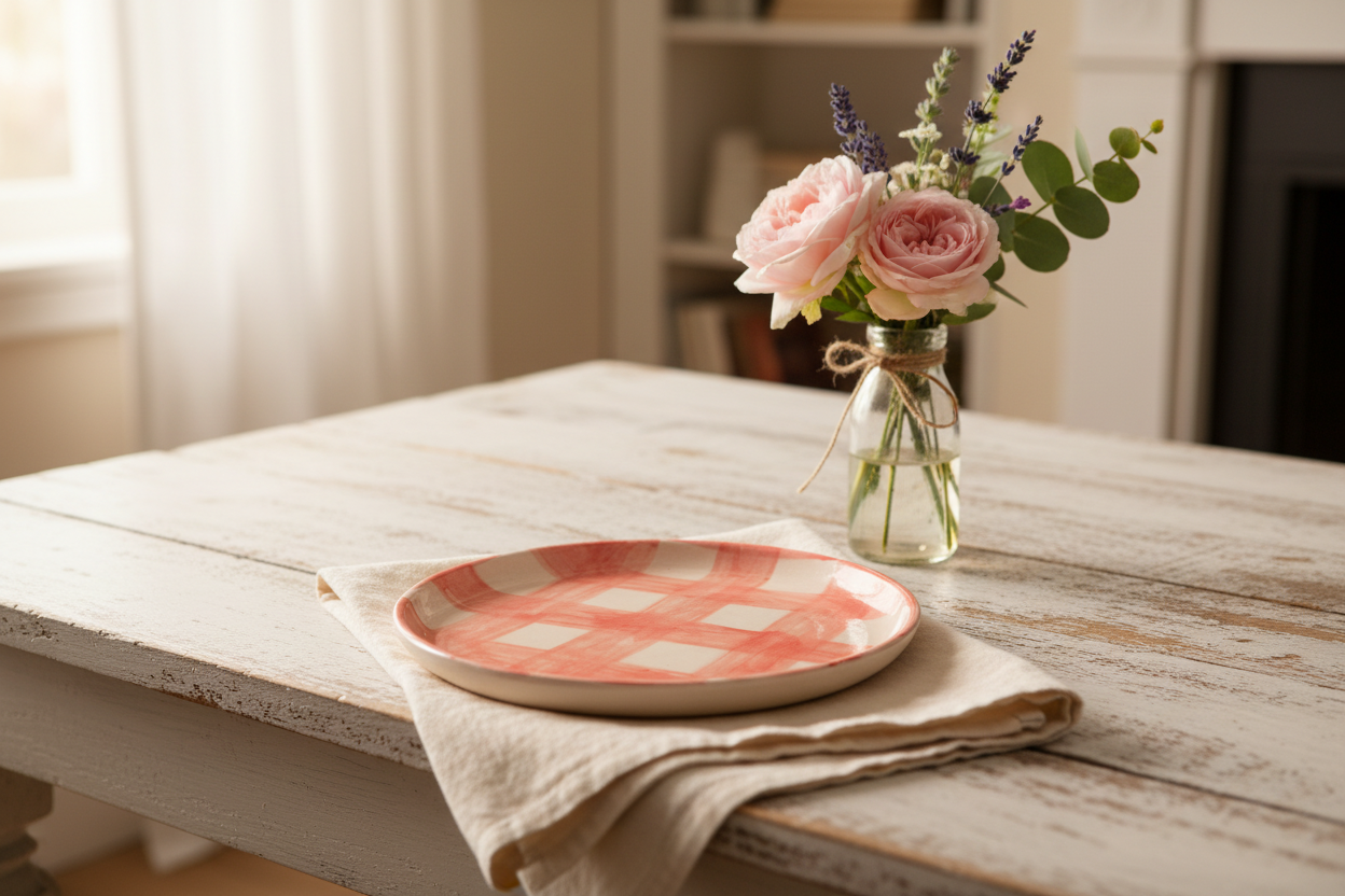 Farmhouse Check Plate Pink Set of 4 | Hand-Painted Artisan Tableware | Table Bella
