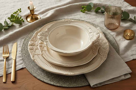 Louna Ivory Ceramic Plate & Bowl Set of 4 – French-Inspired | Table Bella